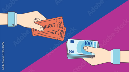 Ticket Purchase Transaction Illustration: Hand Holding Vouchers Exchanging for Euro Banknotes