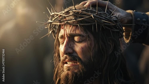 Man suffering with crown of thorns being pressed onto his head during the passion of Christ for holy week and christian easter.