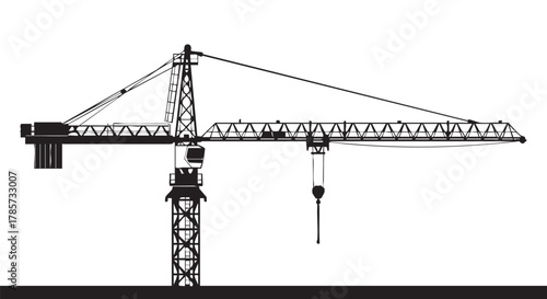 A black and white vector illustration depicts a construction crane against a clean white backdrop, symbolizing industry and building.
