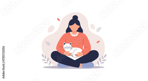 An illustration depicts a woman sitting cross-legged, embracing a white cat, conveying serenity and the bond of companionship.