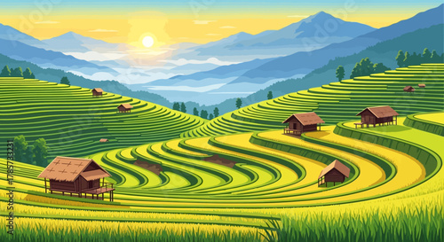 Rice terraces in a valley with small houses and mountains in the background.