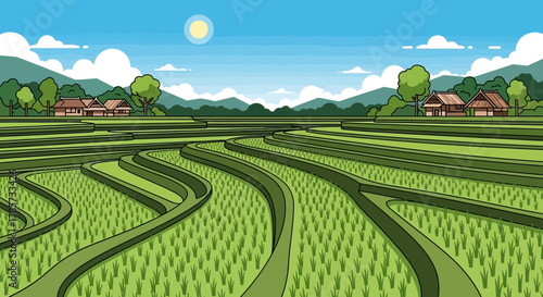 Vibrant cartoon illustration of lush green terraced rice fields under a bright blue sky with distant mountains and traditional village houses.