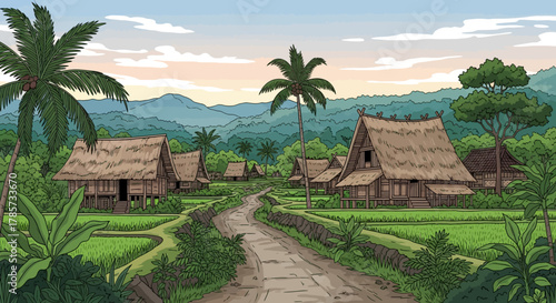 A serene village scene with traditional houses, lush greenery, and a winding road under a bright sky.