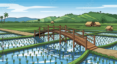 A picturesque rural landscape featuring vibrant green rice paddies, a rustic wooden bridge, traditional huts, and rolling hills under a clear blue sky.