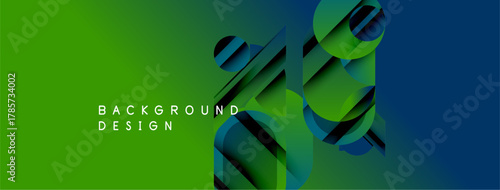 Abstract geometric shapes blend vibrant green, blue hues. Modern design features layered cylinders, text reads background design.