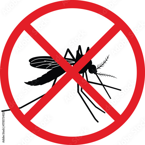 Mosquito silhouette, red prohibition sign, insect control, disease prevention, malaria awareness, dengue alert, Zika virus warning, public health, vector ban, pest repellent