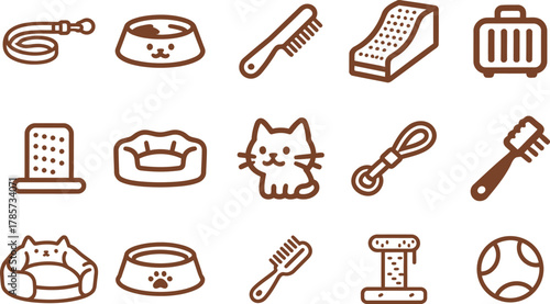 Brown outline vector icon set for cat accessories and pet care. Collection of grooming tools, toys, bed, and carrier.