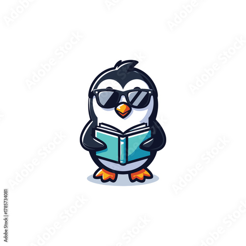 A cute cartoon penguin wearing sunglasses and reading a book.