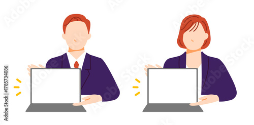 ノートパソコンの画面を見せて説明するビジネスシーンのイラスト。フラットデザイン。