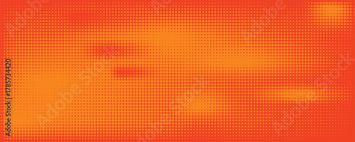 Orange halftone dots, abstract pattern with dark and bright gradient background. digital technology style wall texture ,cartoon or pop art elements, summer banner or comic.