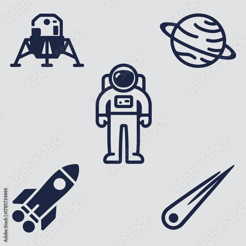 Set of space and astronomy vector icons. Includes astronaut, rocket, lunar lander, planet Saturn, and comet in dark blue.