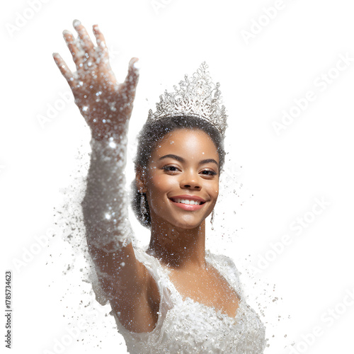 Radiant Queen of Grace: A beautiful young woman, adorned with a regal tiara, extends a welcoming hand, symbolizing grace, charm, and elegance. The light dances off her hand as she smiles.