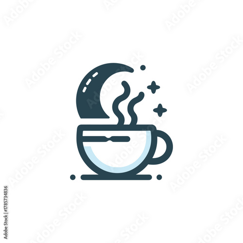 A stylized illustration of a steaming cup of coffee under a crescent moon and stars.
