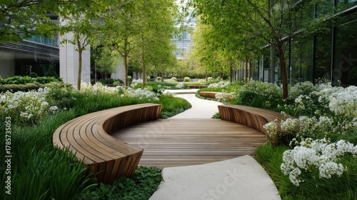 Fototapeta Naklejka Na Ścianę i Meble -  Modern urban park featuring winding pathways and curved wooden benches surrounded by diverse green foliage. White flowering plants