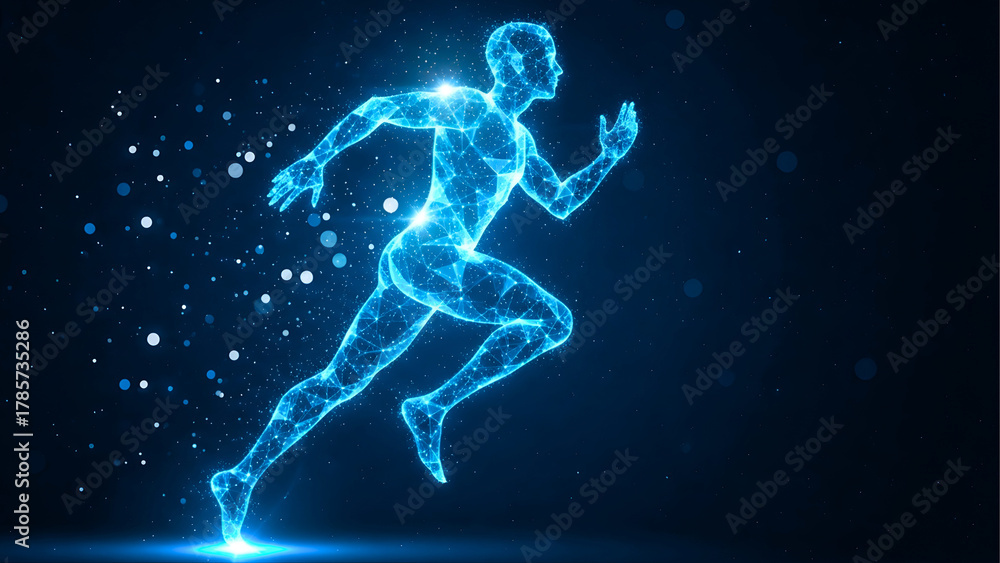 Naklejka premium Digital human running with glowing lines and dots, representing the concept of speed, motion, and technological advancement in sports and human performance