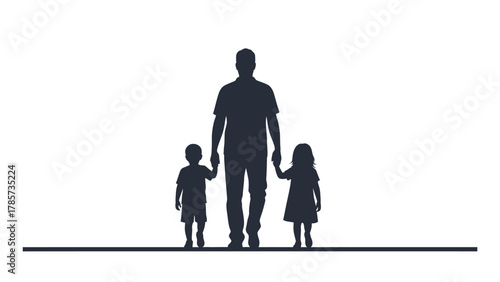 Father and Two Children Holding Hands Walking Forward Silhouette Vector Illustration