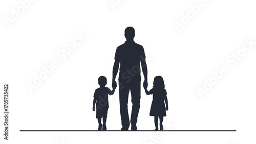 Father Walking with Son and Daughter Silhouette Vector Illustration