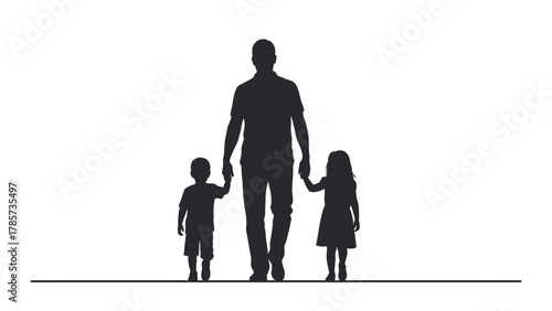 Father and two children (son and daughter) walking together holding hands silhouette vector illustration.
