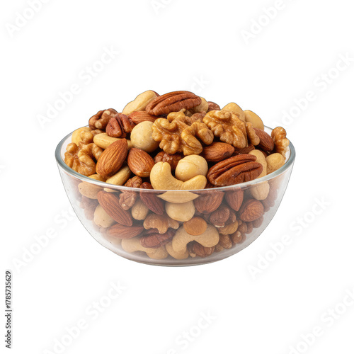 A Glass Bowl Filled With A Variety Of Roasted Nuts Including Pecans Walnuts Cashews Almonds And Macadamia Nuts On A Transparent Background Studio Lighting