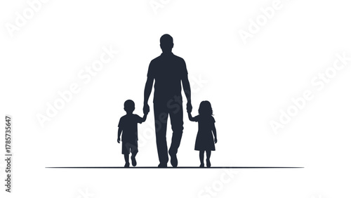 Father walking hand in hand with son and daughter vector silhouette illustration