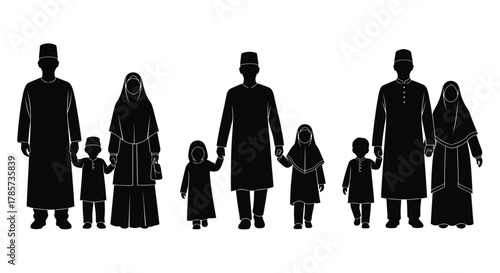 Diverse Muslim families walking together hand-in-hand in silhouette style