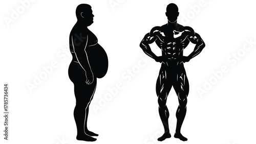Before and After Weight Loss Transformation Vector Illustration. Contrast Between Obese Man Silhouette and Muscular Bodybuilder Fitness Figure.