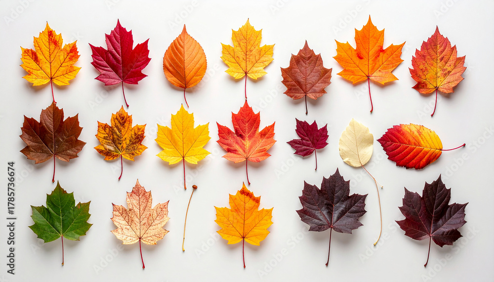Fototapeta premium Colorful autumn leaves arranged on a white background