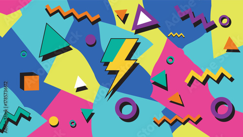 80s Memphis Style Abstract Poster with Colorful Shapes