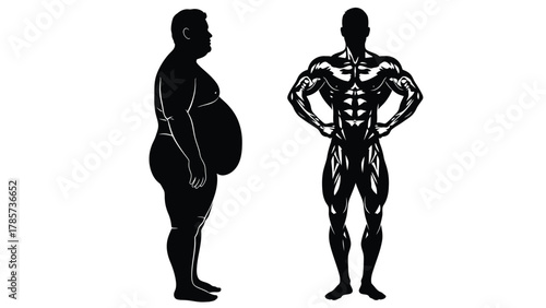 Weight Loss and Fitness Transformation Concept: Obese Man Silhouette vs Muscular Bodybuilder Silhouette Vector Illustration