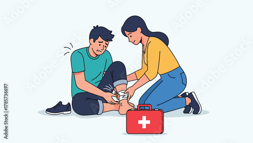 Woman Applying First Aid to Injured Man's Ankle Using a Bandage and First Aid Kit. Emergency Help and Injury Treatment Concept Vector Illustration.