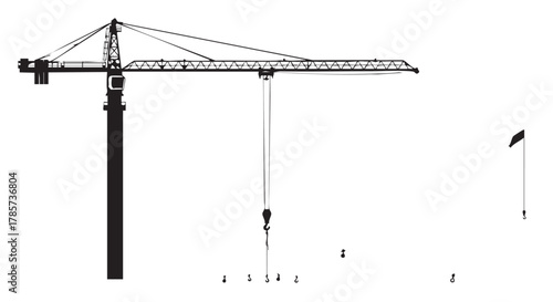 A black and white illustration depicts a towering construction crane, essential for lifting heavy materials at a building site.