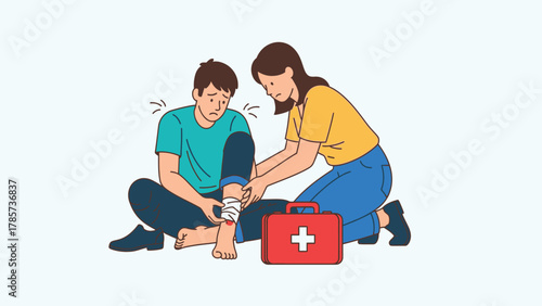 First Aid Emergency Care: Woman Bandaging Injured Leg of Man Sitting on Ground, Treatment of Ankle Injury Vector Illustration