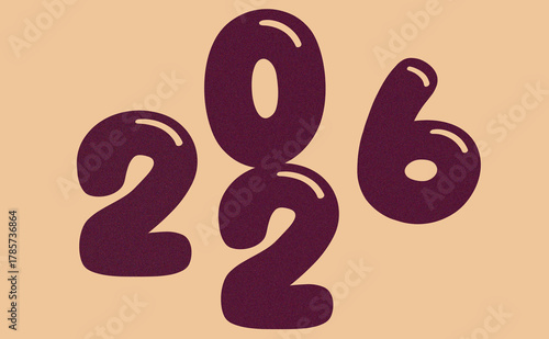 Bold retro style numbers forming the year 2026 in a playful bubbly font on a muted background