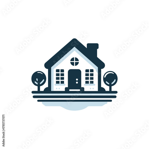 A stylized illustration of a house with a chimney, windows, and two trees on either side.