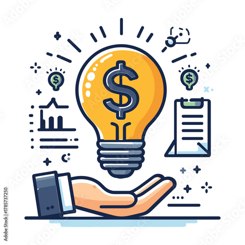 Illustration of a hand holding a glowing lightbulb with a dollar sign, symbolizing a profitable business idea or investment.