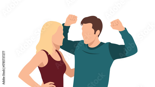 Aggressive man raising fists at woman. Vector illustration of domestic violence, couple conflict, argument, or relationship abuse.
