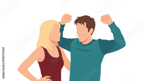 Man Raising Fists in Triumph Next to Supportive Woman Vector Illustration