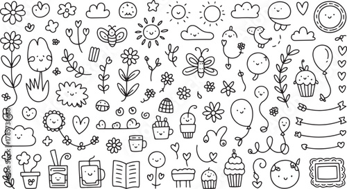 A whimsical black and white doodle sheet with cute smiling suns clouds flowers butterflies cupcakes and hearts