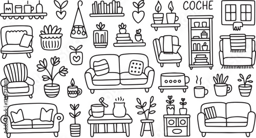 Black and white doodle collection of cozy home interior elements and plants drawing sketch