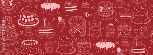 Wedding and birthday cakes, cupcakes and sweet desserts on red background. Seamless vector banner with line art whimsical pastry silhouettes. Bakery wallpaper, pattern, wrapping paper design