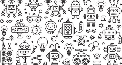 Black and white doodle sheet featuring various cute robots and science icons illustration drawing