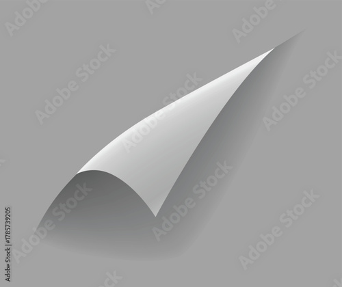 Curled paper corner. Curve page corner, page edge curl and bent paper sheet with realistic shadow. Paper corner fold isolated on white background