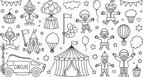 Whimsical black and white doodle sheet featuring circus elements like clowns balloons and tents
