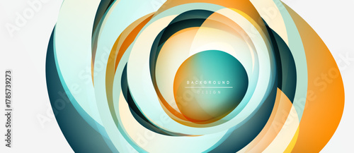 Abstract circular design. Layers create dynamic visual effect. Orange, teal, white colors dominate composition. Modern graphic element.