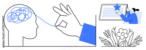 Hand untangling thoughts in a human mind, person engaging with knowledge on screen, blooming flowers. Ideal for education, mental clarity, creativity, growth, productivity, problem-solving simple