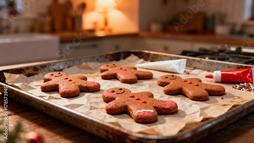 Gingerbread cookies decorated with icing and sprinkles on a baking tray in a cozy kitchen setting during the holiday season