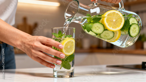 Refreshing summer drink preparation with cucumber and lemon in a modern kitchen setting