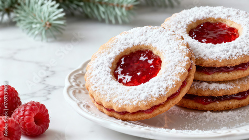Delicious raspberry cookies on a decorative plate with holiday décor in a cozy kitchen setting