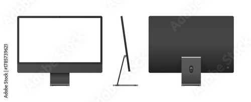 Apple iMac 24 inch black desktop monitor mockup in front, back and side angle. Computer blank display template vector illustration
