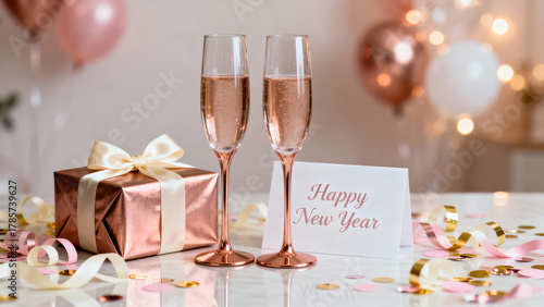 Festive New Year celebration with champagne glasses and a gift on a decorated table in a cozy setting